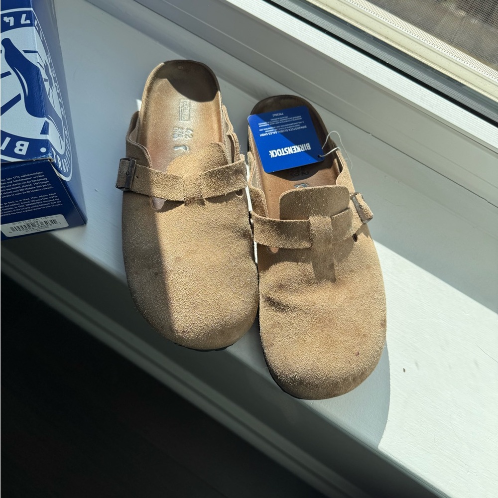 Birkenstock Boston Clogs – Taupe Suede, Size 42 (Men’s 9 / Women’s 11)